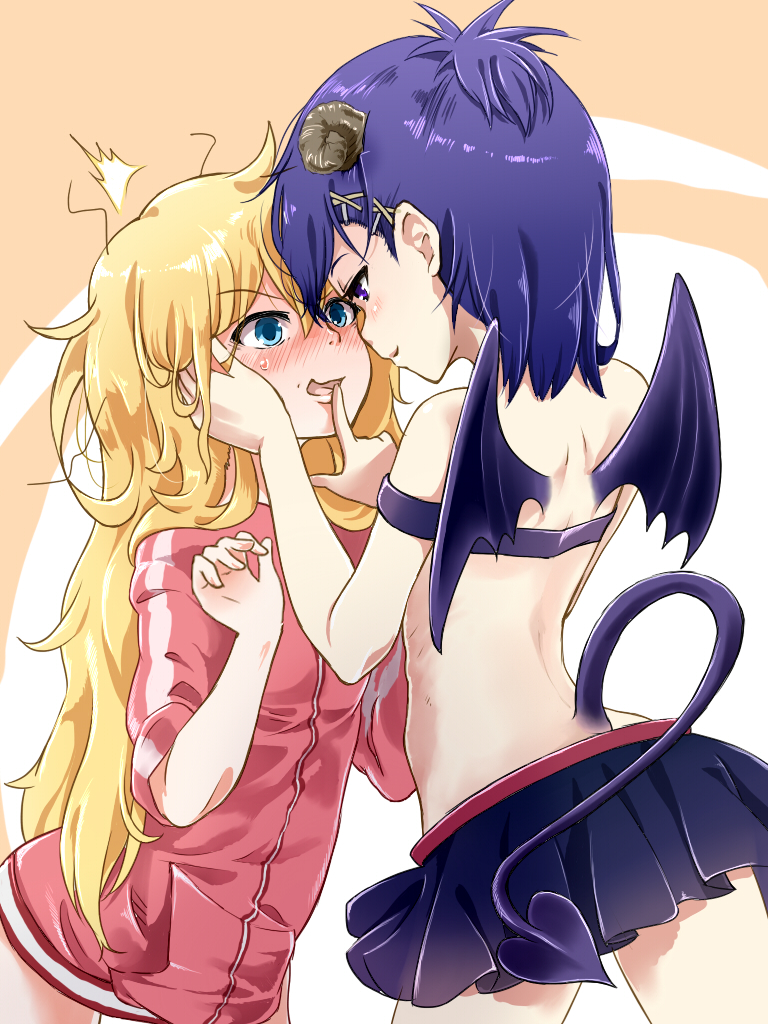 2_girls ^^^ aqua_eyes back bare_shoulders blonde_hair blue_eyes blue_hair blush demon_girl demon_horns demon_tail demon_wings finger_to_another's_mouth forehead-to-forehead frown gabriel_dropout gabriel_tenma_white hair_ornament hallelujah_essaim hand_on_another's_face heads_together horns imminent_kiss jacket long_hair md5_mismatch messy_hair miniskirt multiple_girls open_mouth parted_lips profile sazanka short_hair skirt strapless tail track_jacket tube_top vignette_tsukinose_april wings x_hair_ornament you_gonna_get_raped yuri